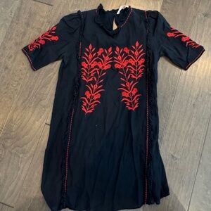 Zara Embroidered Dress Floral Ruffle Trim Black Red Short Sleeve